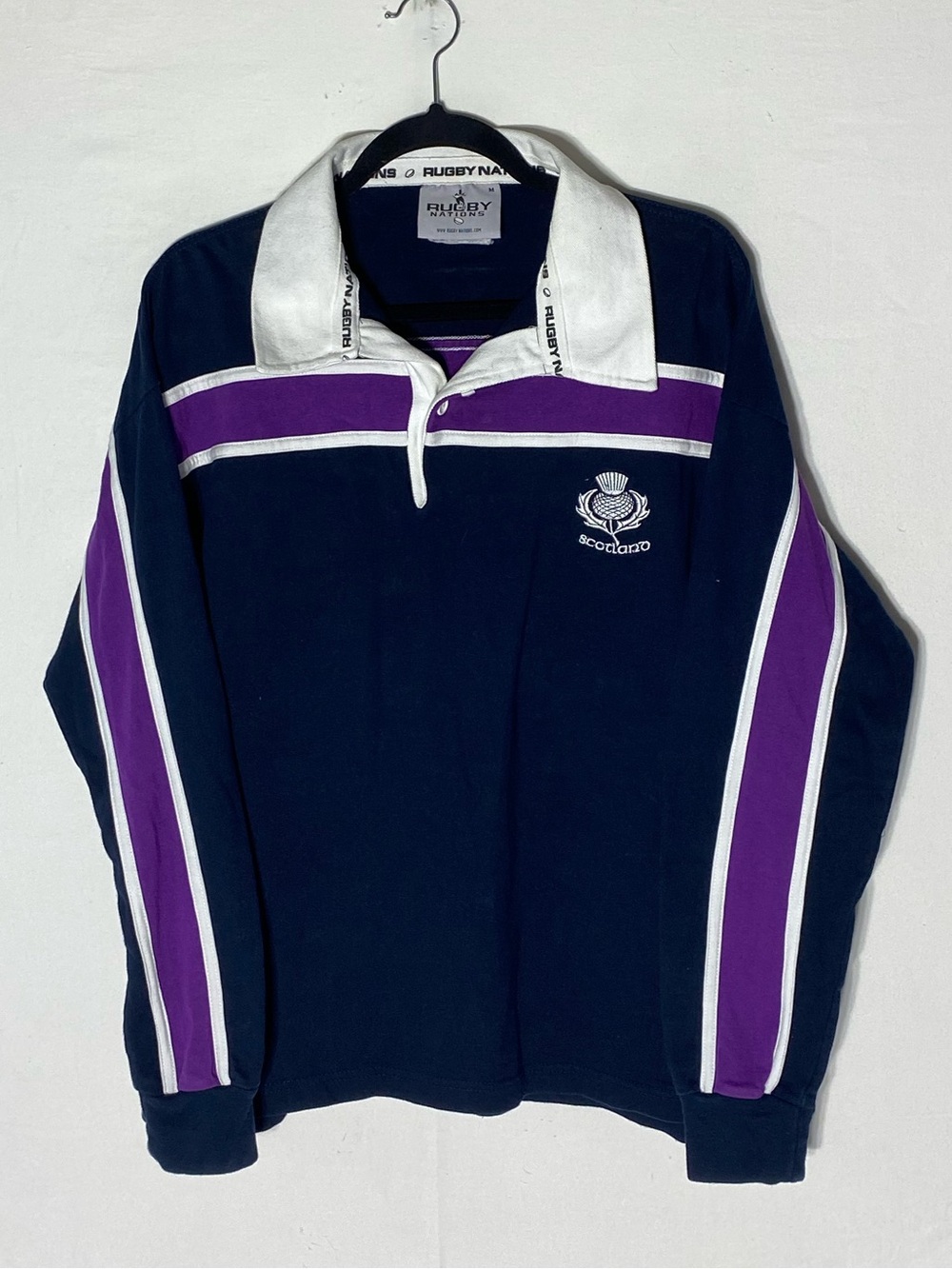 Vintage Rugby Nations Scotland Long Sleeve Polo Shirt Navy Purple White M